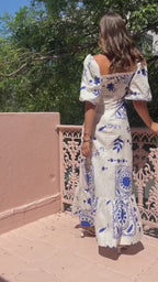 Mediterranean Graphic Print Square Neck Puff Sleeve Tiered Ruffle Hem Maxi Dress