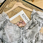 Botanical Sketch Print Puff Sleeve Lace-Up Square Neck Tiered Maxi Dress