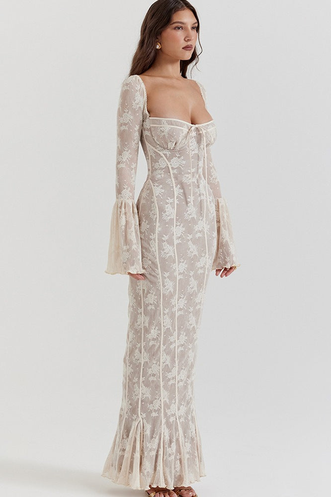 Lace Square Neck Milkmaid Tie Front Corset Seam Bell Sleeve Mermaid Maxi Dress