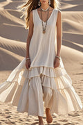 Linen Blend V-neck Sleeveless Loose Full Hem Midi Dress