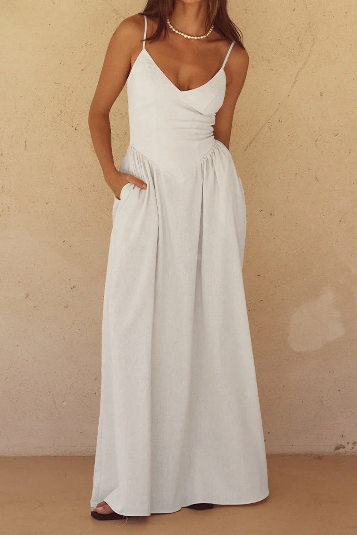 Ivory Spaghetti Strap V Neck Basque Waist Pocket Maxi Dress