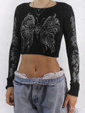 Butterfly Rhinestone Print Crop Long Sleeve Tee