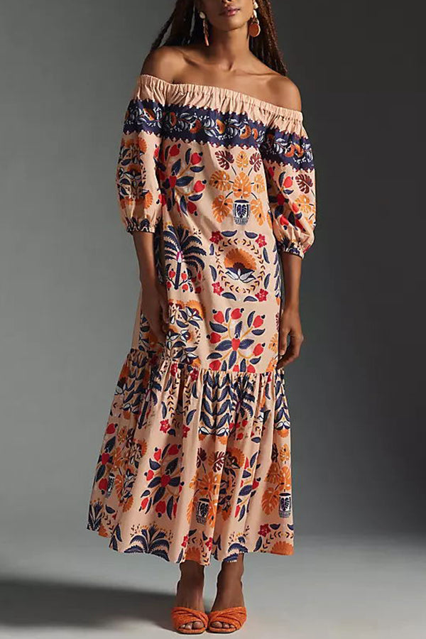 Off Shoulder Puff Sleeve Tiered Hem Tropical Print Pocket Maxi Dress