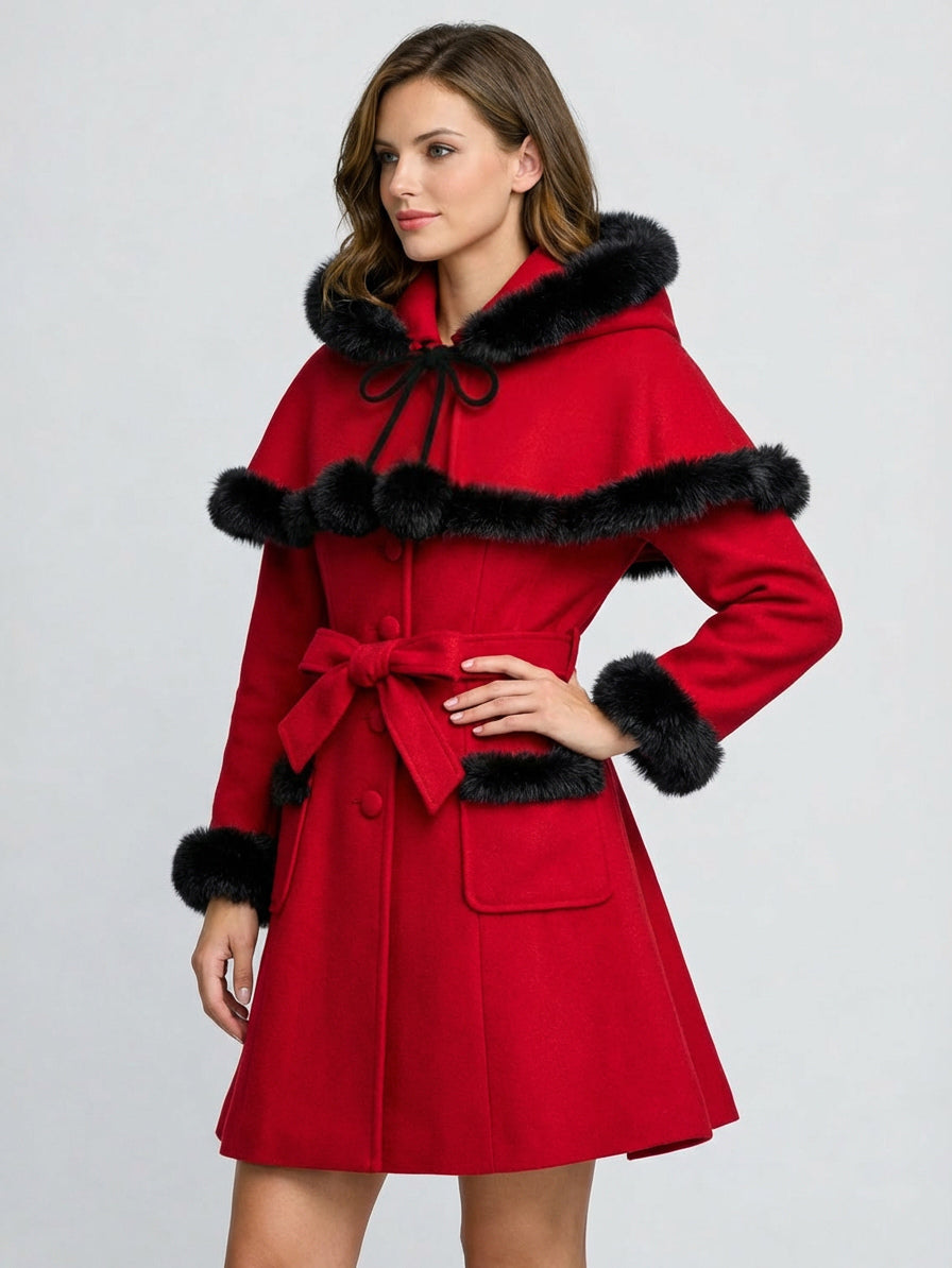 Faux Fur Trimmed Belted Wool Blend coat With Hooded Cape For Women 2026