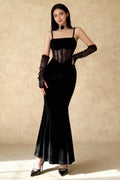 Velvet Square Neck Spaghetti Strap Lace Corset Mermaid Maxi Gown