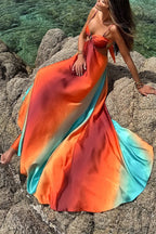Neon Sunset Printed Metal Decoration Cutout Back Tie-up Vacation Maxi Dress