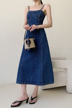 Denim Bustier Spaghetti Strap Panel Seam A-Line Midi Dress