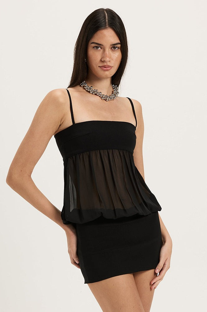 Square Neck Sheer Chiffon Babydoll Top and Bodycon Mini Skirt Set