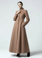 Maxi Wool Blend A-Line Coat with Stand Collar For Women 2026