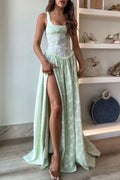 Floral Print Square Neck Corset Bodice High Split Flowy Maxi Dress