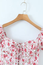 Floral Print Off Shoulder Lace Up Corset Tiered Ruffle Mini Dress