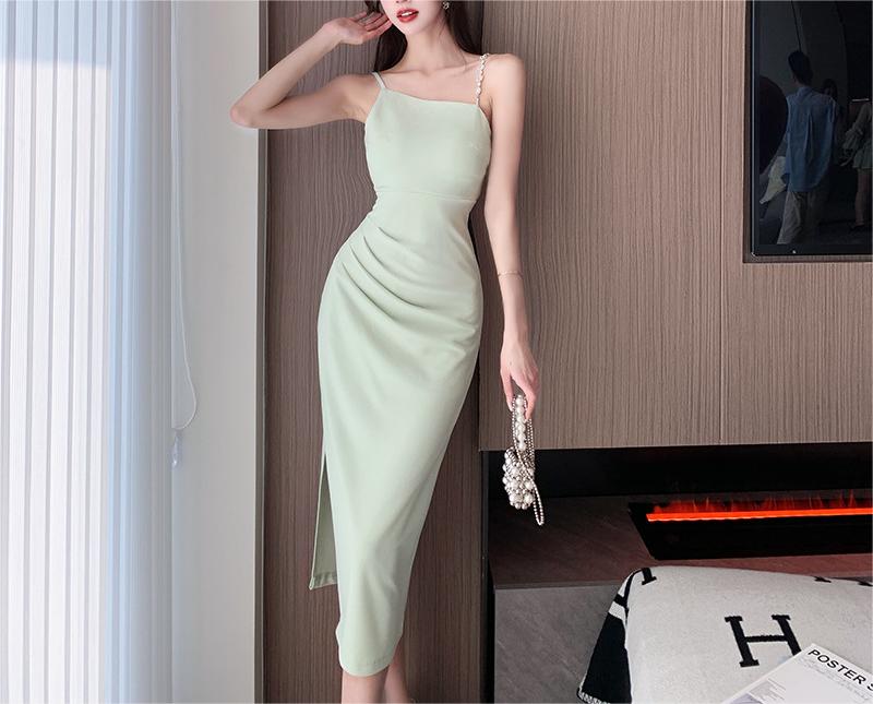 Asymmetric Pearl Strap Ruched Side Slit Bodycon Midi Dress