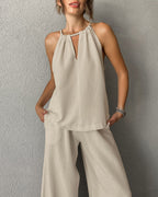 Cotton And Linen Cut-Out Lace-Up Vest & Wide-Leg Pants Two-Piece Set
