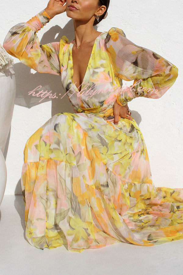 Abstract Floral Print V-Neck Bishop Sleeve Wrap Waist Tiered Maxi Dress