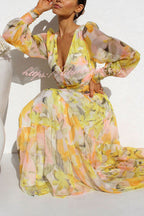 Abstract Floral Print V-Neck Bishop Sleeve Wrap Waist Tiered Maxi Dress