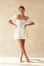Square Neck Puff Sleeve Lace Panel Babydoll Mini Dress