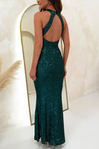 Sequin Cross Halter Neck Mermaid Flare Maxi Gown