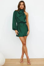 Satin One Shoulder Cowl Neck Bishop Sleeve A-Line Mini Dress