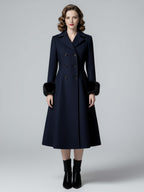 Wool Blend Double-breasted Midi Flared Coat with black Faux Fur Cuffs For Women 2026