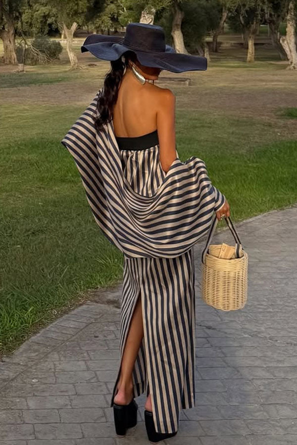 Berry Satin-Striped Detachable Balloon Sleeve Jacket Strapless Maxi Dress