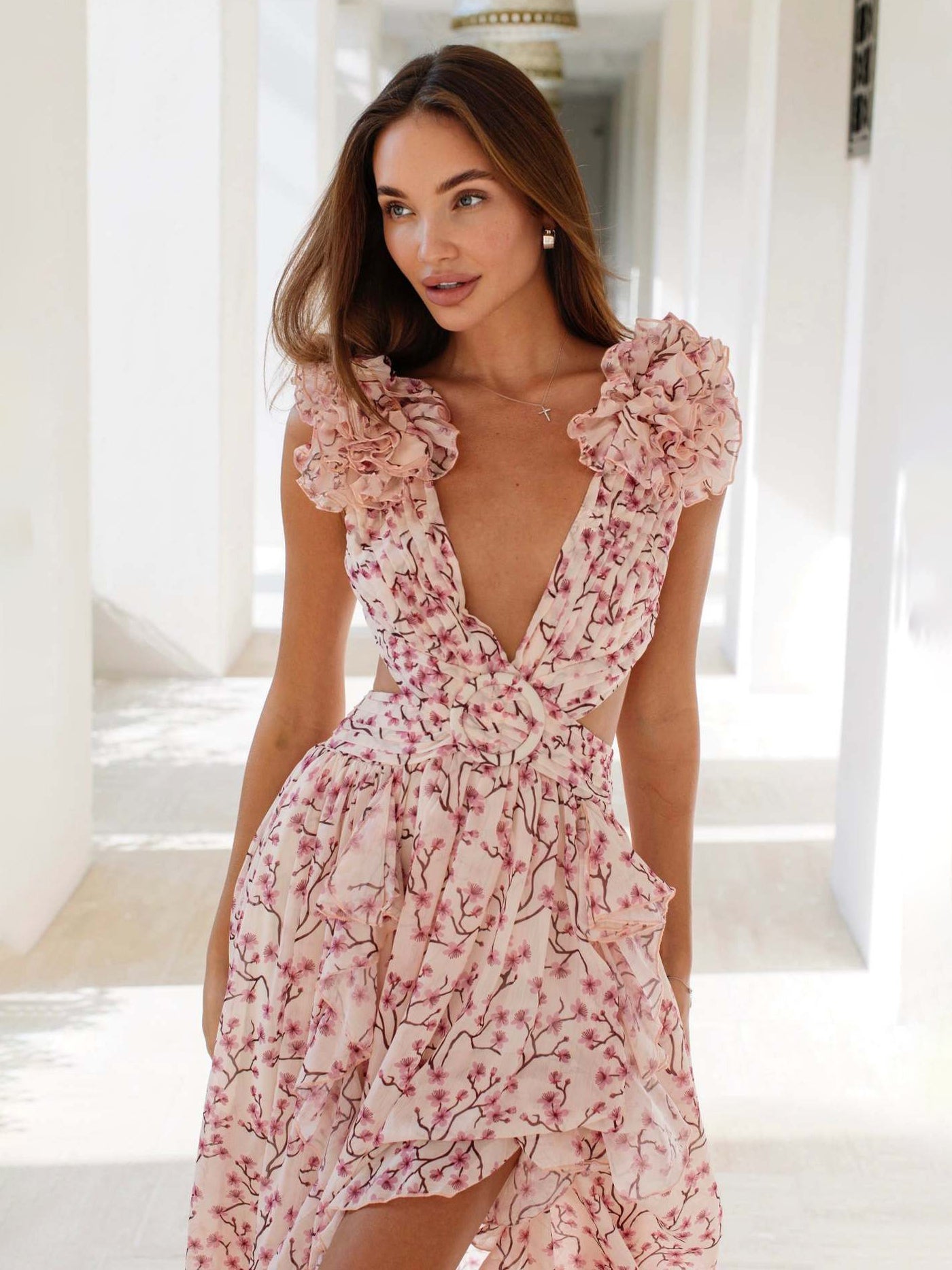 Flowy Flower Dress Plunge High-Slit Backless Maxi Boho Dresses