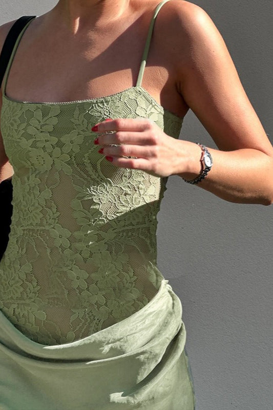 Floral Lace Corset Bodice Draped Ruched Satin Midi Dress