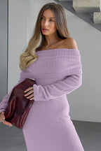 Off-Shoulder Rib Knit Foldover Neck Long Sleeve Bodycon Maxi Dress