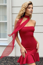 Strapless Neck Scarf Drape Ruffle Hem Bodycon Mini Dress