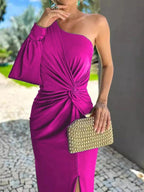 Full Size One-Shoulder Knot Detail Slit Maxi Dress Plus Size
