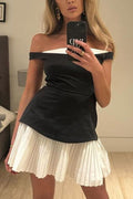 Off Shoulder Fold Over Collar Accordion Pleat Mini Dress