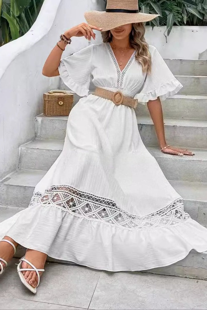 Crochet Lace Panel Flutter Sleeve Tiered Ruffle Maxi Dress