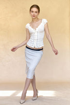 Retro Square Neck Button Down Short Sleeve Blouse