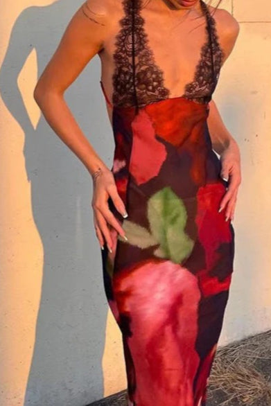 Floral Print Lace Trim Spaghetti Strap Deep V-Neck Bodycon Maxi Dress