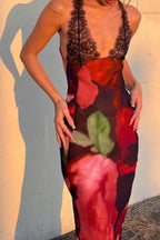 Floral Print Lace Trim Spaghetti Strap Deep V-Neck Bodycon Maxi Dress