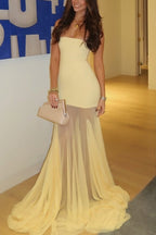 Solid Color Sleeveless Off-shoulder Mesh-paneled Fitted Maxi Dress