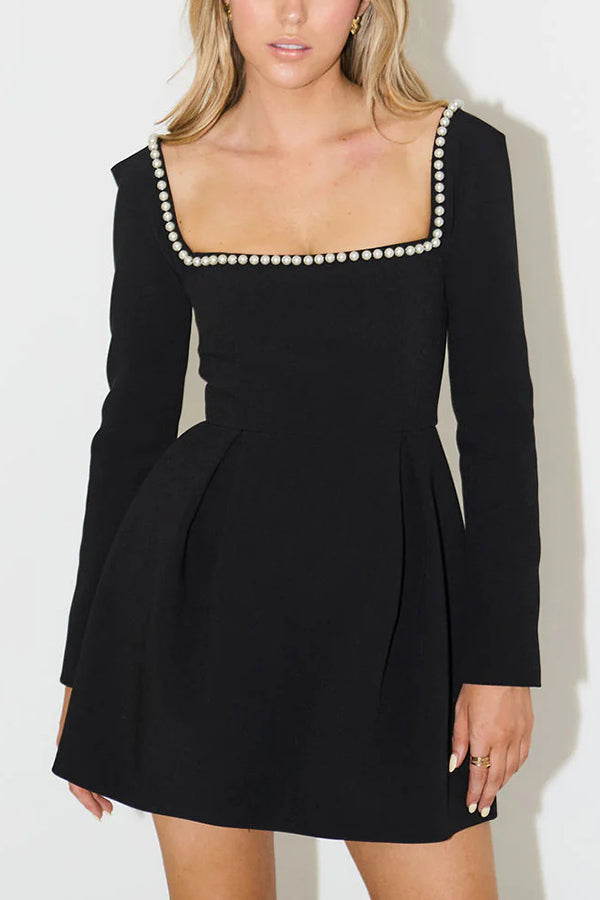 Pearl Embellished Square Neck Long Sleeve Fit and Flare Mini Dress