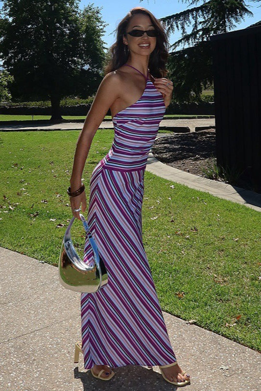 Purple Halter Neck Horizontal Diagonal Stripe Chevron Maxi Dress