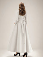 White Longline Woolen Coat Notched Lapel Double Breasted Belted Winter Full Length Outerwear For Women 2026