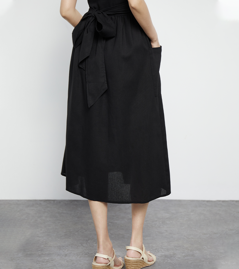 Women's Fashion V Neck Belted High Waist Short Sleeves  Linen Dress