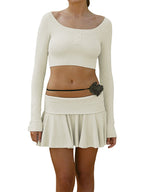 Solid Color Breasted Crop Turned Waist Knit Two Piece