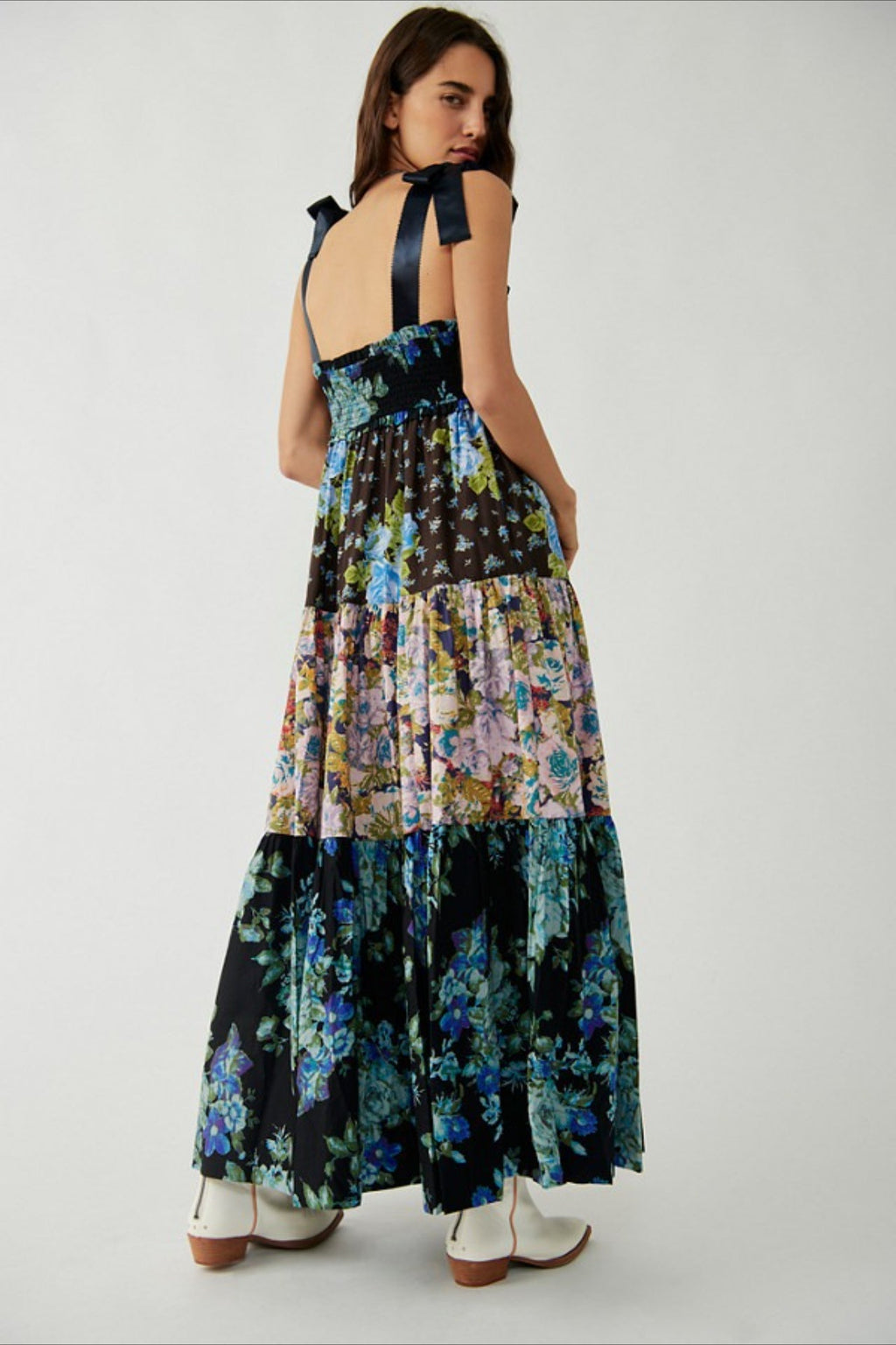 Smocked V Neck Bow Shoulder Strap Mixed Floral Tiered Maxi Dress