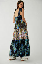 Smocked V Neck Bow Shoulder Strap Mixed Floral Tiered Maxi Dress