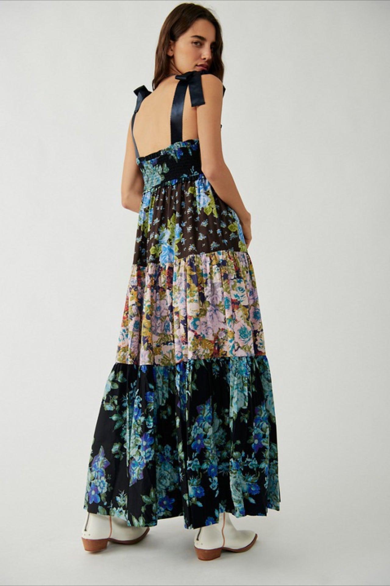 Smocked V Neck Bow Shoulder Strap Mixed Floral Tiered Maxi Dress
