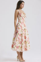 Wide Strap Lace Trim Corset Bodice Floral Print A-Line Midi Dress