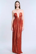 Elegant Sequin Strapless Deep V Waist Tie Long Formal Dress