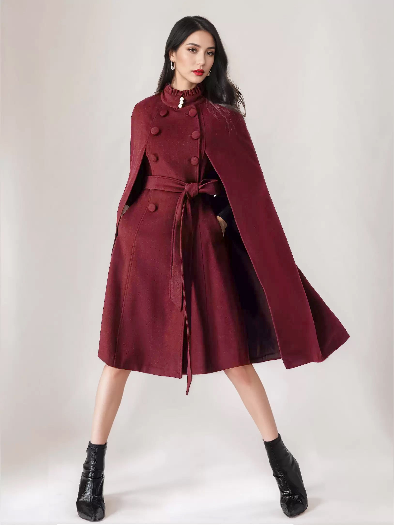 Wool Blend Cape Coat For Women Stand Collar Dark Navy Belted Oversized Poncho Outerwear 2026