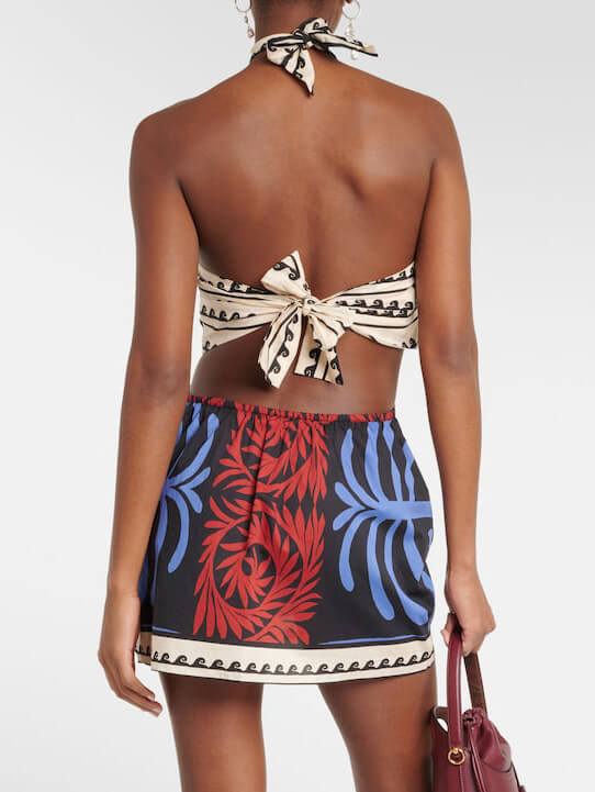 Halter Neck Palm Tree Print Side Cutout Border Trim Mini Dress