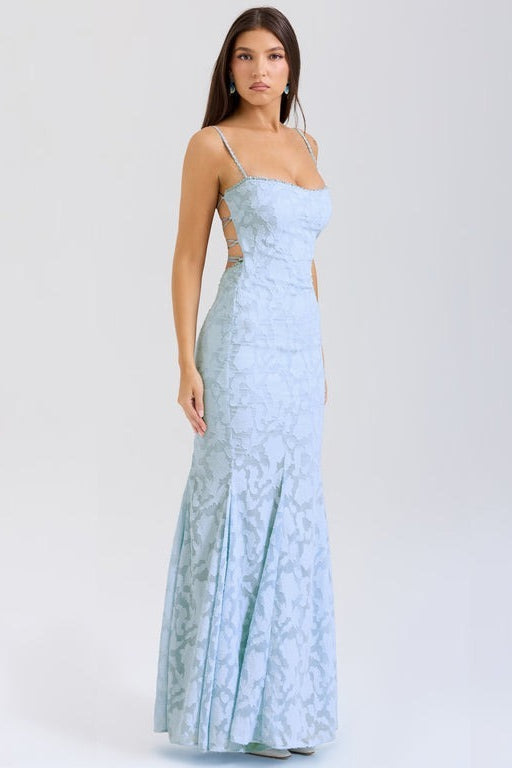 Jacquard Square Neck Spaghetti Strap Mermaid Maxi Gown