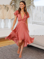 Short Sleeves Midi Dresses V-Neck Knotted High Low Design