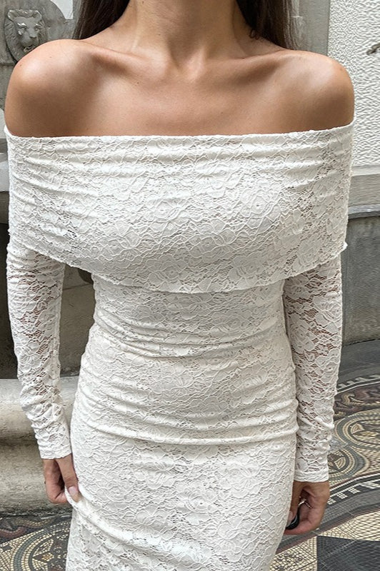 Lace Off Shoulder Long Sleeve Fold Over Panel Column Maxi Gown